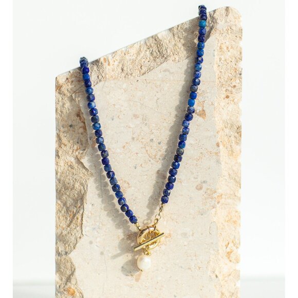 Blue and Gold Beaded Necklace with Pearl Pendant - Picture 3 of 10